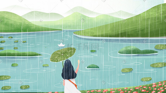春雨谷雨小女孩湖边放纸船小清新横图