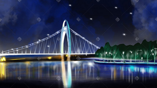 广州插画图片_广州地标性建筑猎德大桥夜景背景海报