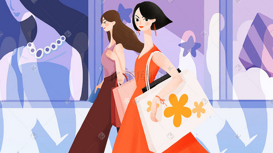 商业街三八妇女节白领购物海购场景插画