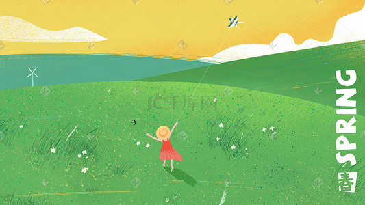 春天的春天插画图片_春天春游奔跑放风筝的女孩手绘插画