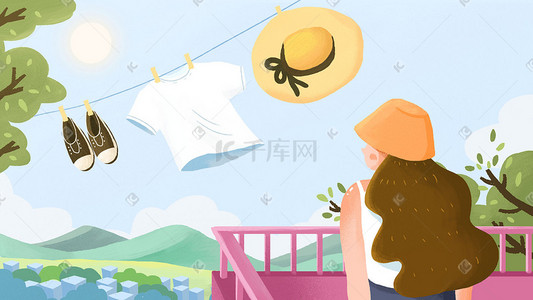 盛夏插画晾干的衣服banner背景