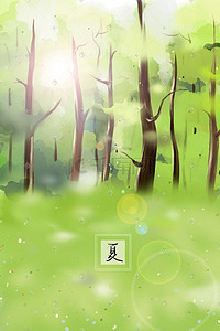 花洒喷水插画图片_夏日树林中阳光从树叶间洒下来