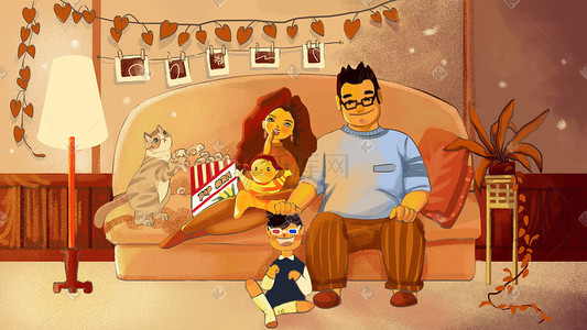 温馨的家庭插画图片_家庭主题温馨的家庭影院时间