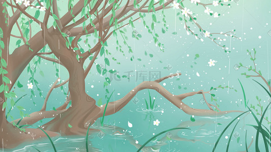 春树枝插画图片_唯美卡通风景春季清明节雨水绿色插画