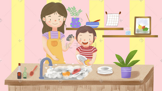 感恩感恩节插画图片_感恩节儿子厨房帮妈妈洗碗插画