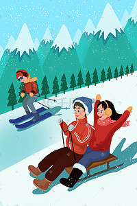 一月插画图片_一月和朋友一起滑雪