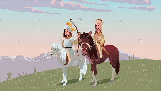 骑马雕像插画图片_骑马狩猎风景插画
