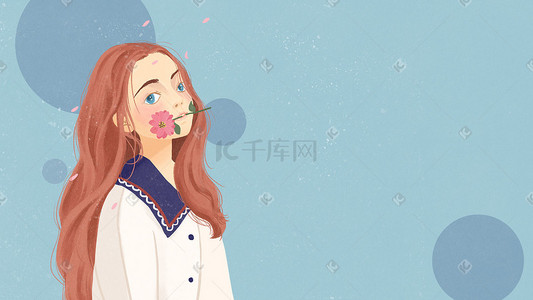 长发女孩插画图片_嘴边有花的长发女孩