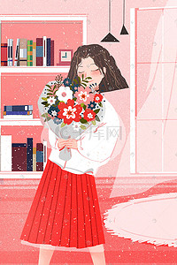 卡通送花插画图片_三八妇女节红色妇女节送花鲜花献花