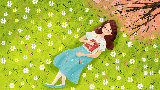 浪漫春游插画图片_欣赏樱花和女孩躺在花海