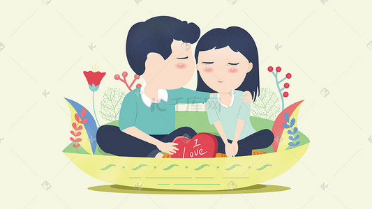情侣浪漫卡通手绘插画图片_扁平化坐在船里的小情侣矢量插画