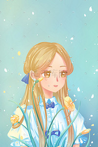 少女与花插画图片_春天蓝色唯美卡通金发恬静美丽少女与花配图