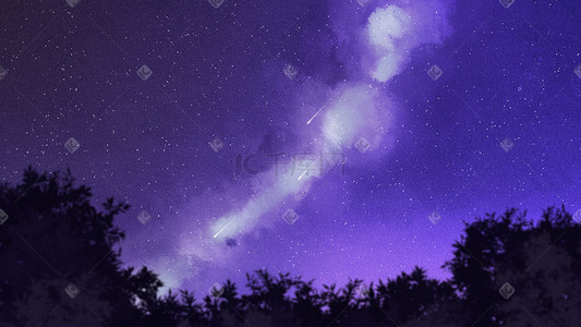 紫色梦幻星空背景插画图片_唯美紫色系手绘风银河流星夜空
