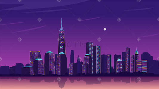 房地产开盘红色插画图片_紫色渐变城市夜景科技