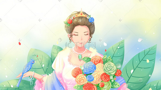 卡通人物女生节插画图片_女王节女神节唯美卡通治愈绿色节日插画