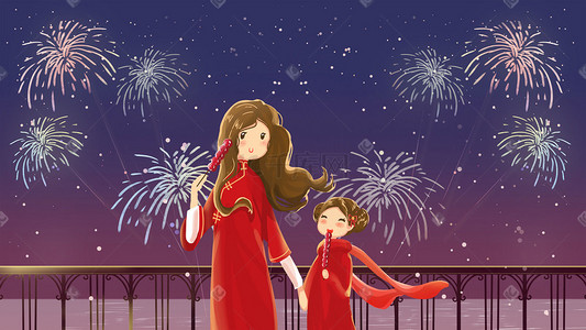 母女吃糖葫芦元旦新年红色唯美卡通插画