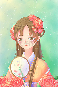 人物与花插画图片_红色唯美古风卡通春季春日少女与花配图