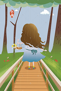 矢量手绘云朵插画图片_手绘谷雨节气采花的小姑娘矢量插画