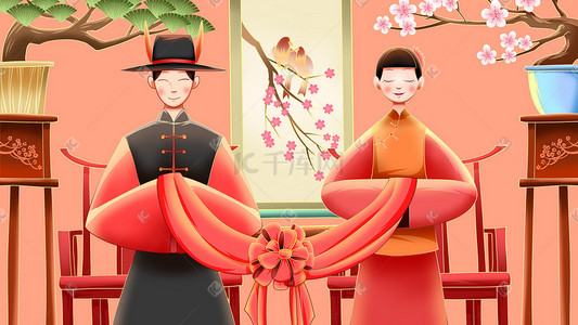 手绘婚礼插画图片_中国古典中式婚礼手绘插画