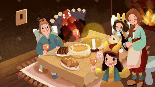 节日欢乐插画图片_感恩节主题欢乐的聚餐