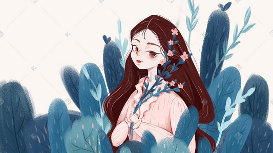 女王节小清新插画图片_暖色调小清新女孩植物花春天绿色温暖