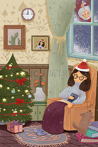 手绘圣诞插画图片_圣诞主题之圣诞老人发礼物给小孩子手绘圣诞