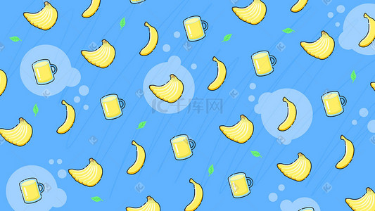 蓝色平铺插画图片_mbe风格水果香蕉果汁手绘插画