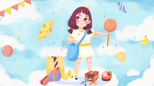 蛋糕女孩插画图片_生日天空梦想女孩糖果派对云朵