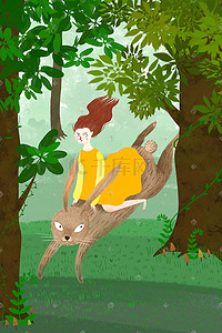 野外树林中的少女和兔子