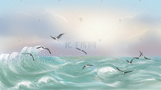 手绘海洋天空插画图片_手绘风格海洋插画