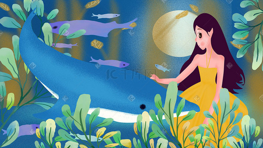 与鲸鱼插画图片_夏日之女孩与鲸鱼