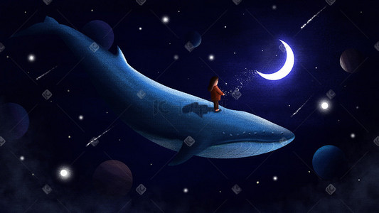 夜空插画图片_女孩鲸鱼遨游星空