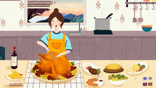 西餐牛排菜单背景插画图片_感恩节火鸡厨房做饭插画
