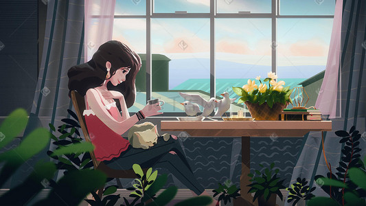 女生背面插画图片_坐在窗边的女生和她的猫妇女节