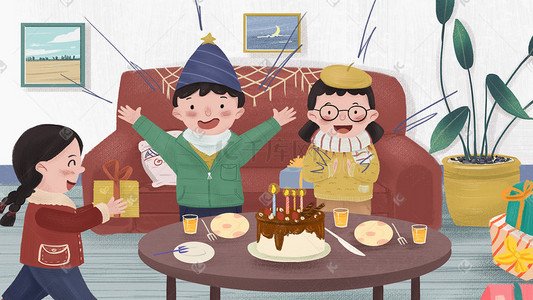 小沙发沙发插画图片_生日主题大家一起过生日手绘小清新