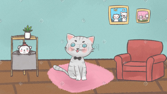 卡通手绘猫插画图片_可爱动物灰色条纹猫咪卡通手绘