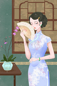 花和女人插画图片_38妇女节民国穿旗袍的清冷女人插画