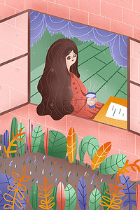 春天卡通可爱人物女孩坐在窗边配图