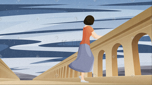 背影风景插画图片_傍晚时分女孩站在桥上吹风看风景