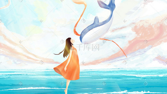 手绘海洋插画图片_天空手绘梦幻女孩与鲸鱼