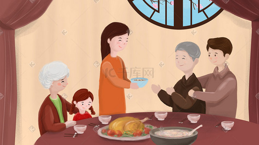 腊八节过年一家人团圆饭手绘插画腊八