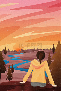 日落插画图片_坐在石头上看日落的女生背影
