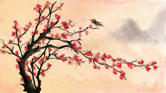 水墨国画红叶苍树雀鸟图