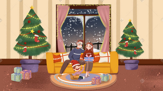 手绘圣诞树插画图片_手绘小清新圣诞节温馨拆礼物一家人圣诞插画圣诞
