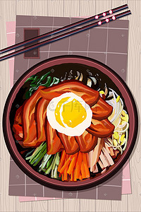 红色韩式花朵插画图片_都市美食之韩式拌饭插画