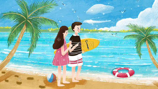 玩耍旅游插画图片_情侣海边一起玩耍小清新