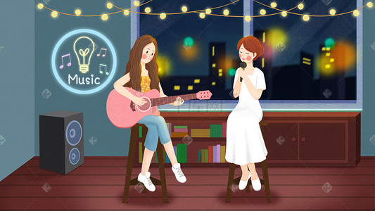 少女弹吉他唱歌享受音乐时光清新手绘插画
