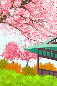 节草插画图片_户外繁密的樱花树