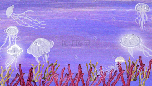 红珊瑚插画图片_海底世界的水母插画