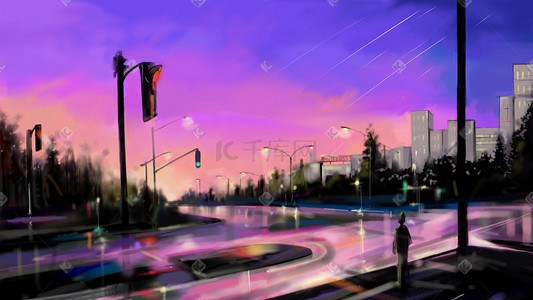紫紫插画图片_天空城市黄昏清晨红橙黄紫清新艳丽灯光插画